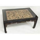 LOW TABLE, Chinese lacquered and gilt, rectangular with carved dragon giltwood panel and glass, 64cm