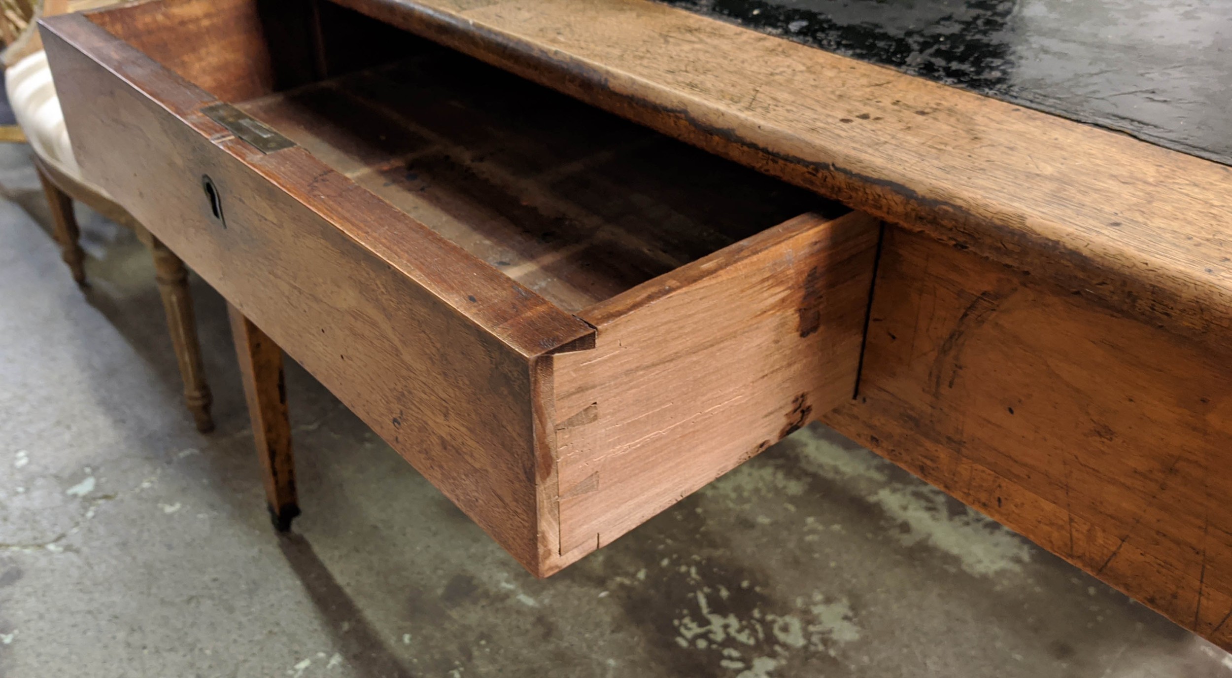 WRITING TABLE, 111cm W x 64cm D x 85cm H, 19th century French walnut with a shaped gallery and black - Image 6 of 6