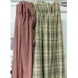 CURTAINS, two pairs, comprising a red and cream chequered pair, 230cm L, gathered 110cm W, plus a
