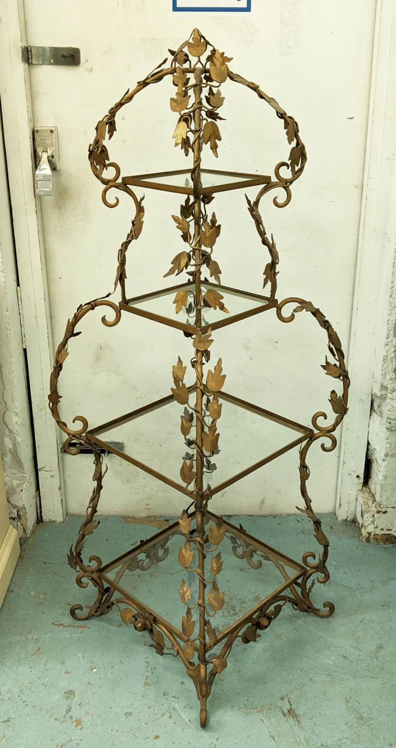 ETAGERE, metal and glass with foliate detail, 135cm H x 45cm x 45cm. - Image 2 of 5