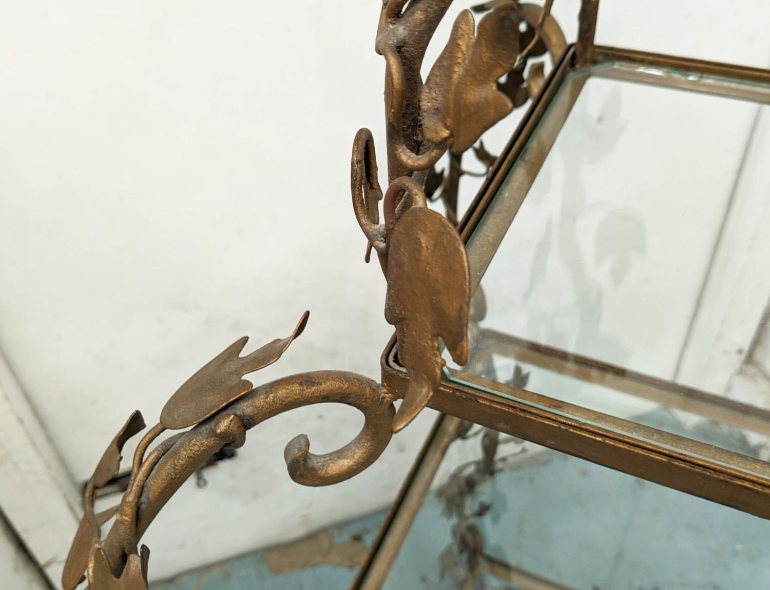 ETAGERE, metal and glass with foliate detail, 135cm H x 45cm x 45cm. - Image 4 of 5
