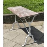 POTTING/CONSERVATORY TABLE, antique weathered variegated rouge rectangular marble on painted cast