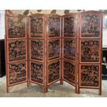 SCREEN, five fold, Chinese scarlet lacquered and gilt decorated, 183cm H x 225cm.