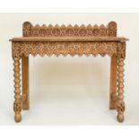 HALL TABLE, 19th century Gothic carved oak with raised back, 104cm W x 92cm W cm x 42cm D.