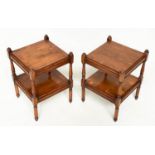 OCCASIONAL TABLES, a pair, George III design yewwood, each crossbanded with two tiers and turned