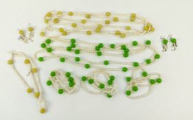 TWO FRESHWATER PEARL AND DYED SIMULATED JADE NECKLACE, BRACELET AND EARRING SETS, the green jade set