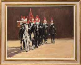 CHARLOTTE PARTRIDGE, Royal Cavalry, oil on canvas, 71cm x 89cm, signed, framed.