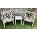 GARDEN ARMCHAIRS AND TABLE, a pair, weathered teak by Alexander Rose with lattice backs 86cm H x