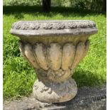 URN/PLANTER, well weathered reconstituted stone of campana form, 42cm W x 37cm H.