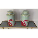 GINGER JARS, pair, 40cm high, 20cm diameter, glazed ceramic with flamingo design. (2)