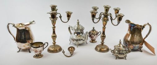 COLLECTION OF SILVER PLATED WARE, comprising pair of candelabrum, part tea set, including teapot,