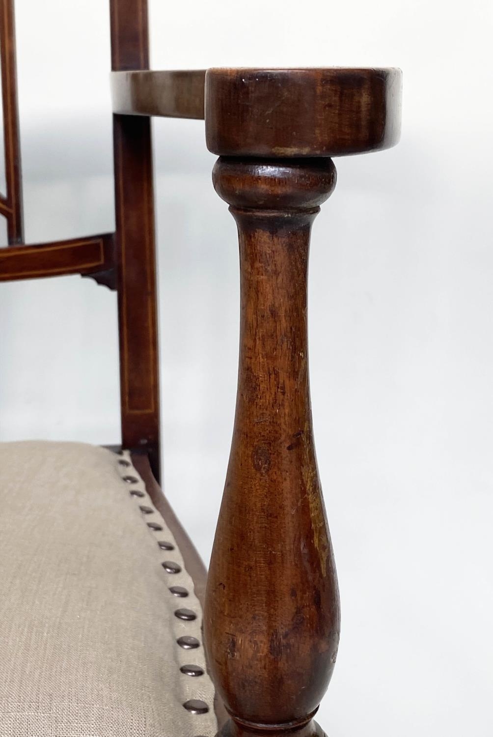 HALL SEAT, early 20th century Edwardian mahogany and line inlaid with pierced splat back and studded - Image 4 of 10