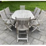 GARDEN EXTENDING TABLE AND CHAIRS, silvery weathered teak, slatted construction rounded