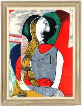 AFTER PABLO PICASSO, seated woman on silk, vintage French frame, 72cm x 53cm.