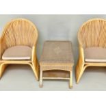 TERRACE SET, rattan, bamboo and cane bound with two armchairs and cane wicker panelled table,