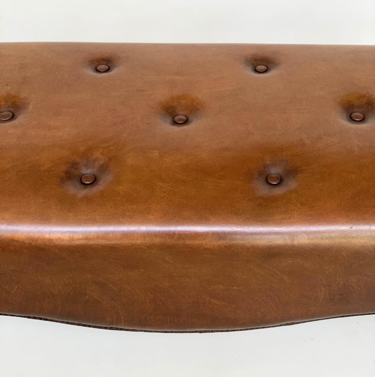 HALL BENCH, brass studded tan leather upholstered with bowed under tier, 100cm W x 45cm D x 50cm H. - Image 4 of 7