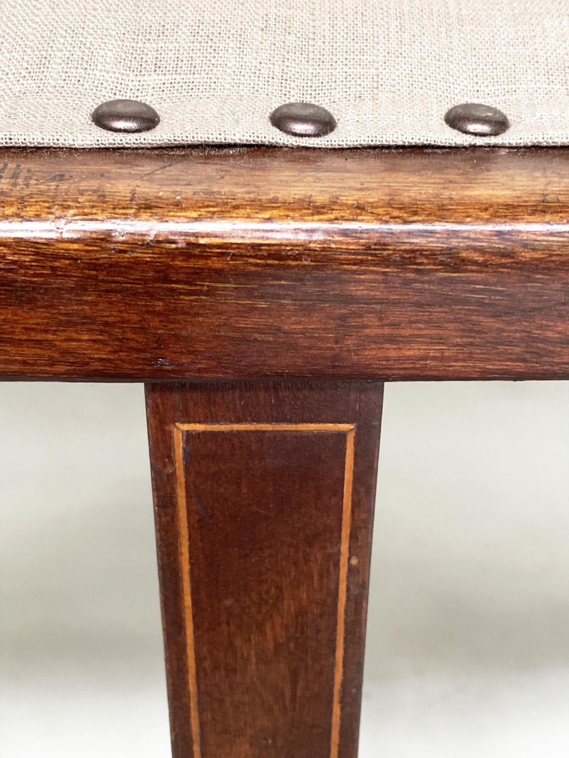 HALL SEAT, early 20th century Edwardian mahogany and line inlaid with pierced splat back and studded - Image 8 of 10