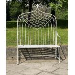 GARDEN BENCH, folding wrought iron and painted with crest back, slatted seat and fold down arms,