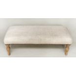 WINDOW SEAT, rectangular brass studded linen upholstered with turned supports, 108cm W x 40cm H x