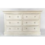LOW CHEST, Continental style traditionally grey painted with six short drawers and silvered handles,