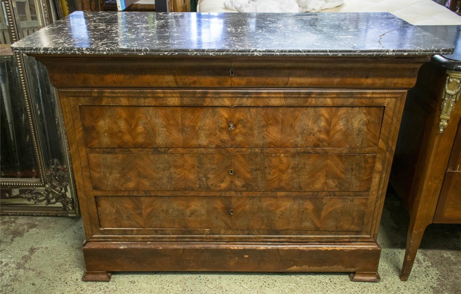 COMMODE, 96cm H x 131cm W x 60cm D, Louis Philippe mahogany with marble top above five drawers.