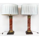 LAMPS, a pair, each column base, 55cm H, marble with gilt metal mounts and blue shades. (2)