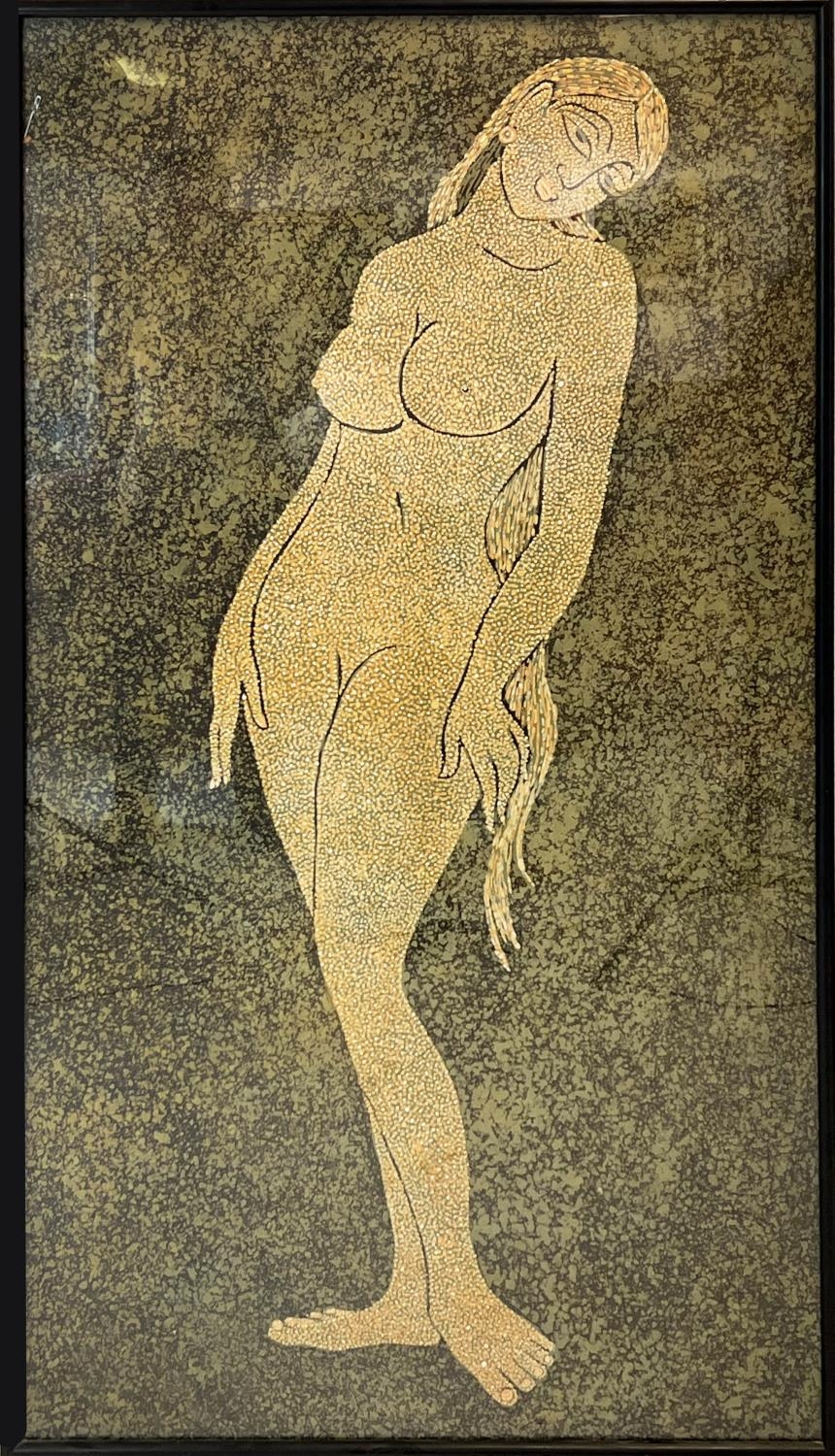 20TH CENTURY INDIAN SCHOOL 'Nude Study', gouache on silk, 157cm x 89cm, framed.