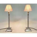 CANDLESTICK TABLE LAMPS, Italian style chromium metal with stepped plinths and shades, 50cm H. (2)