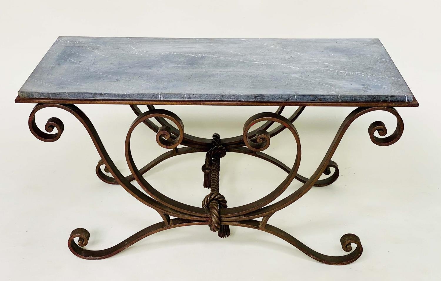 CENTRE TABLE, vintage rectangular veined grey marble top raised on a scrolling wrought iron