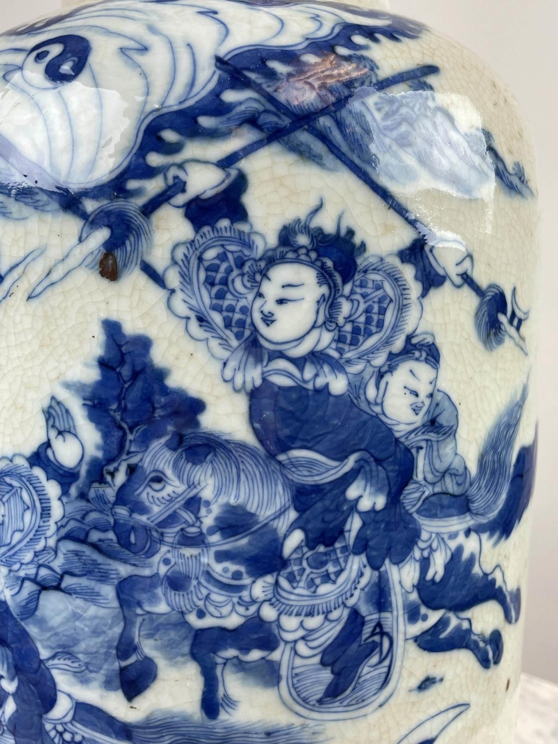 CHINESE LAMP, 19th century blue and white converted vase with battle scene decoration and - Image 4 of 15