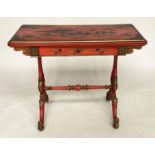 CARD TABLE, 19th century scarlet Japanned and gilt Chinoiserie decorated with foldover baize lined