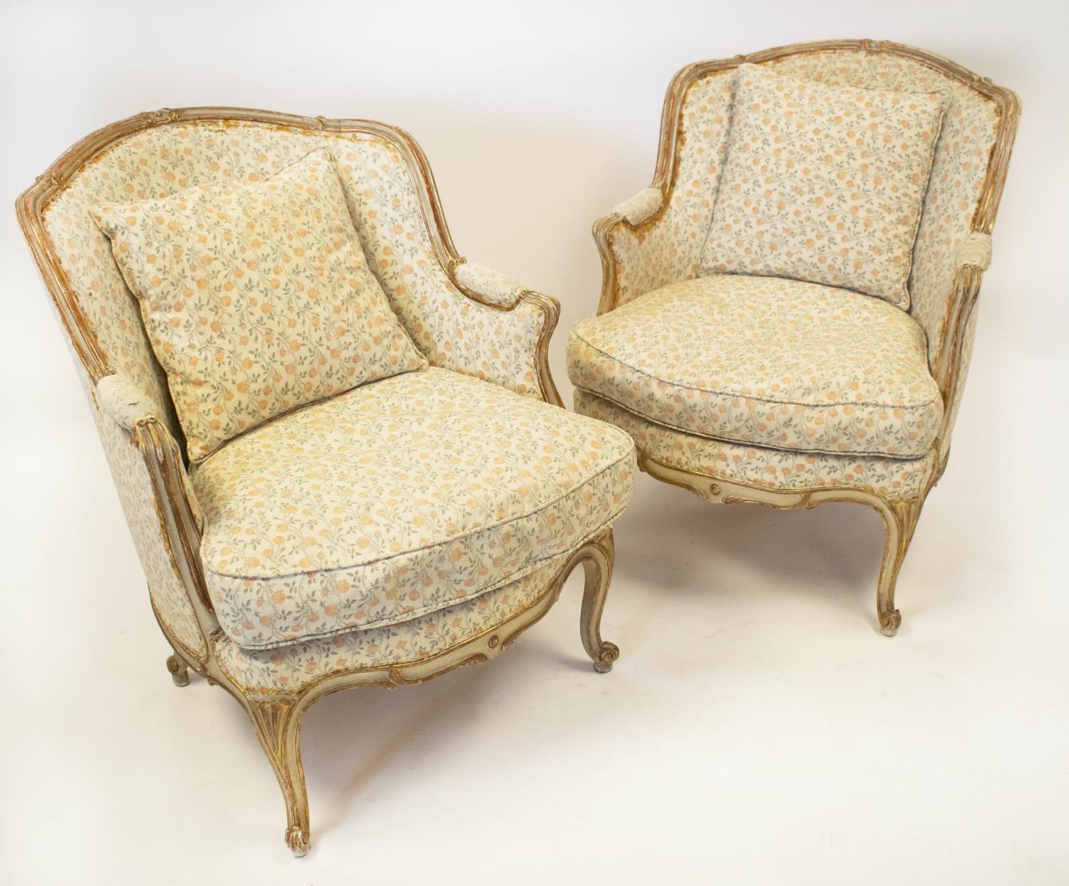 BERGERES, 84cm H x 68cm W, a pair, early 20th century French painted and parcel gilt in floral