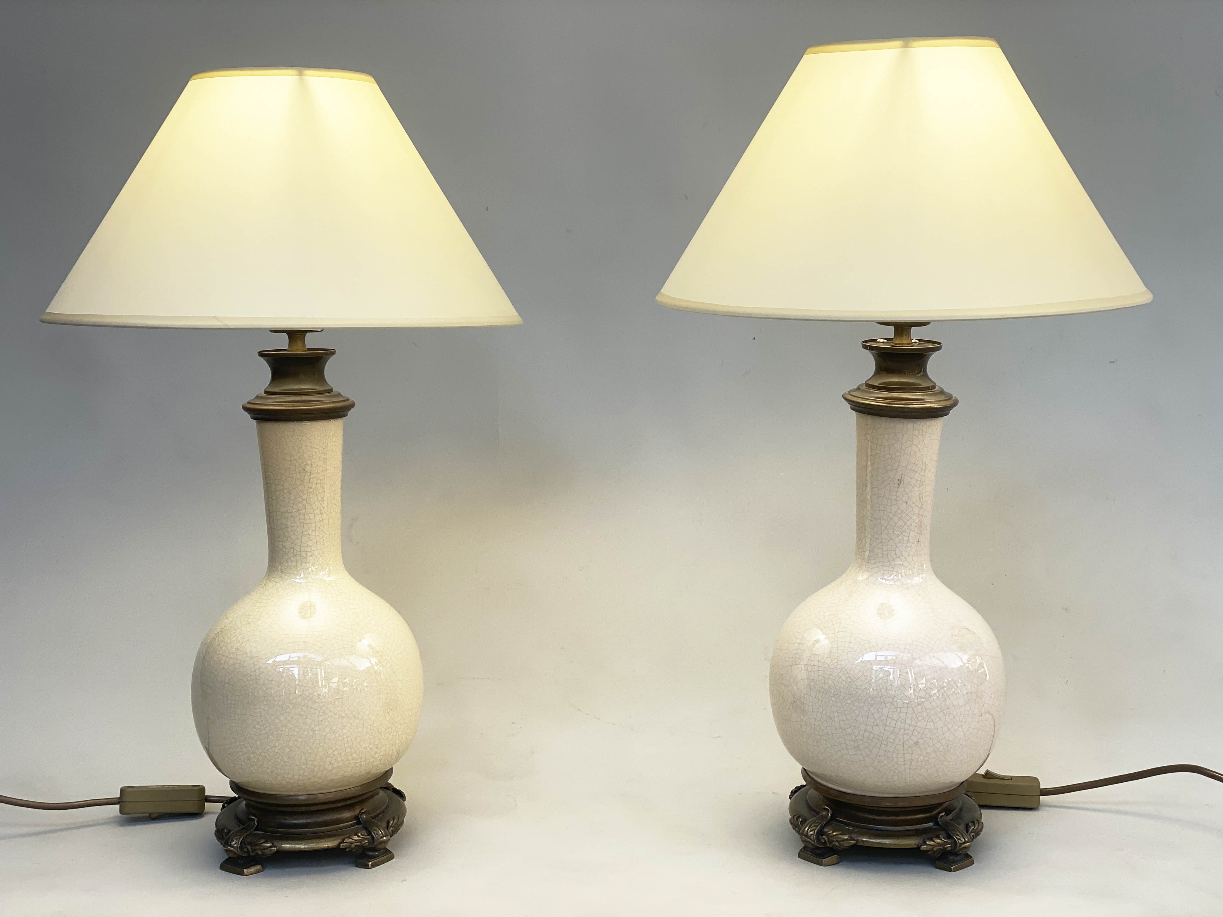 TABLE LAMPS, a pair, gourd vase form crackle glaze with gilt metal mounts and shades. (2)