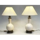 TABLE LAMPS, a pair, gourd vase form crackle glaze with gilt metal mounts and shades. (2)