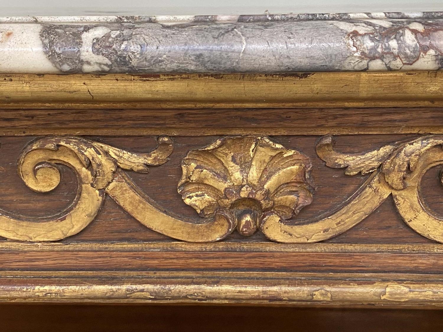 CONSOLE SERVING TABLE, 19th century French carved giltwood and rosewood wood grained with breche - Image 4 of 8