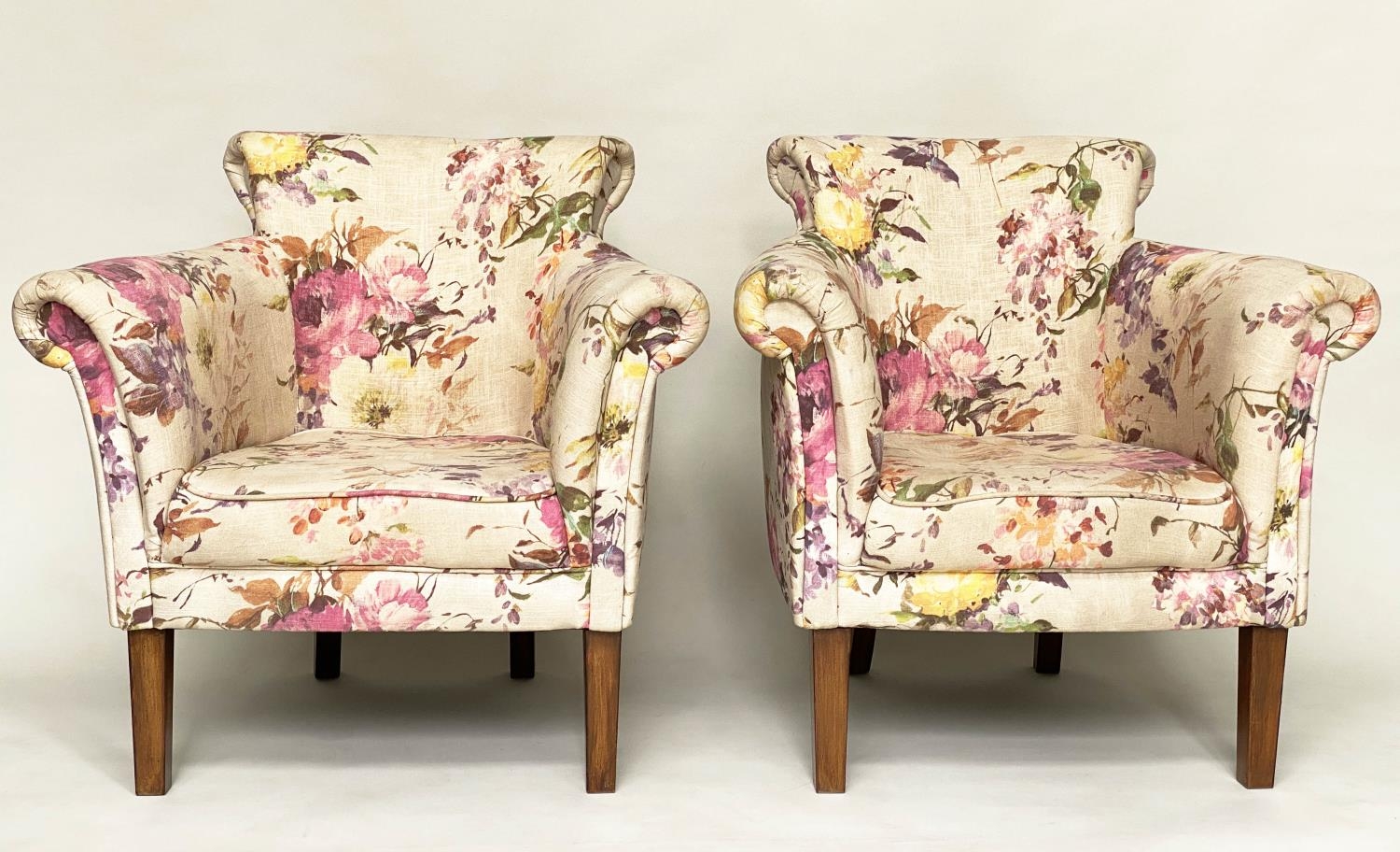 TUB ARMCHAIRS, a pair, with bow backs and Country House style printed linen upholstery and - Image 12 of 12