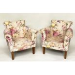 TUB ARMCHAIRS, a pair, with bow backs and Country House style printed linen upholstery and