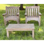 GARDEN ARMCHAIRS, a pair, silvery weathered teak of substantial form, slatted and pegged