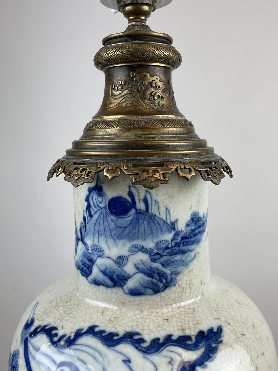 CHINESE LAMP, 19th century blue and white converted vase with battle scene decoration and - Image 8 of 15