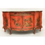 SIDE CABINET, 20th century Italian parcel gilt and scarlet lacquer Chinoiserie decorated with a