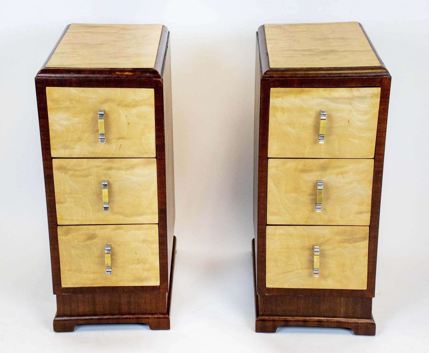 BEDSIDE CHESTS, 72cm H x 30cm W x 46cm D, a pair, Art Deco birch and walnut, each with three drawers