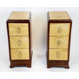 BEDSIDE CHESTS, 72cm H x 30cm W x 46cm D, a pair, Art Deco birch and walnut, each with three drawers