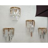 WALL LIGHTS, Murano style, a set of four, Triedri glass drops on gilt metal frames, 40cm x 34cm x