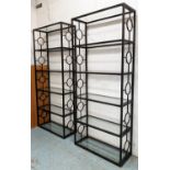 ETAGERES, a pair, bronzed metal frames, six glass shelves, 80cm x 32cm x 191cm. (2)