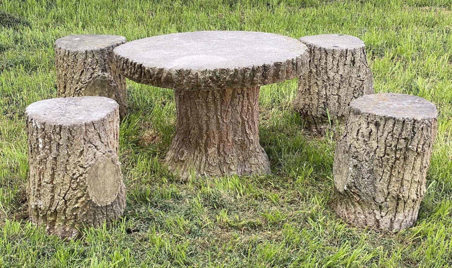 GARDEN 'TREE TRUNK' TABLE AND STOOLS, a pair, well weathered reconstituted stone in the form of tree