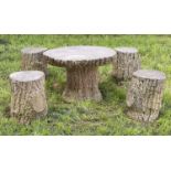 GARDEN 'TREE TRUNK' TABLE AND STOOLS, a pair, well weathered reconstituted stone in the form of tree