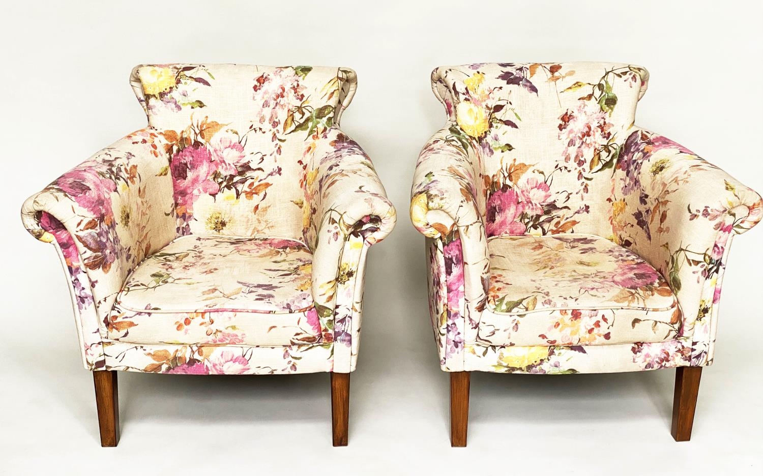 TUB ARMCHAIRS, a pair, with bow backs and Country House style printed linen upholstery and - Image 11 of 12