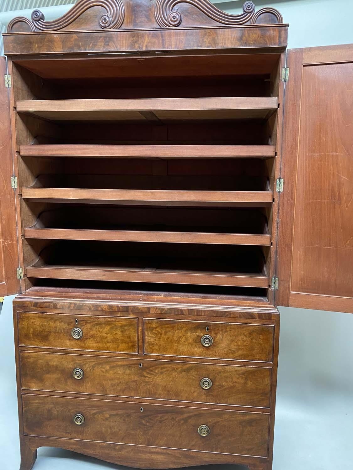 LINEN PRESS, Regency flame mahogany, scroll cornice above two panelled doors (original slide - Image 2 of 4