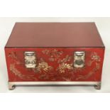 LOW TABLE, mid 20th century Chinese lacquered trunk, silvered metal mounted with stand and glazed