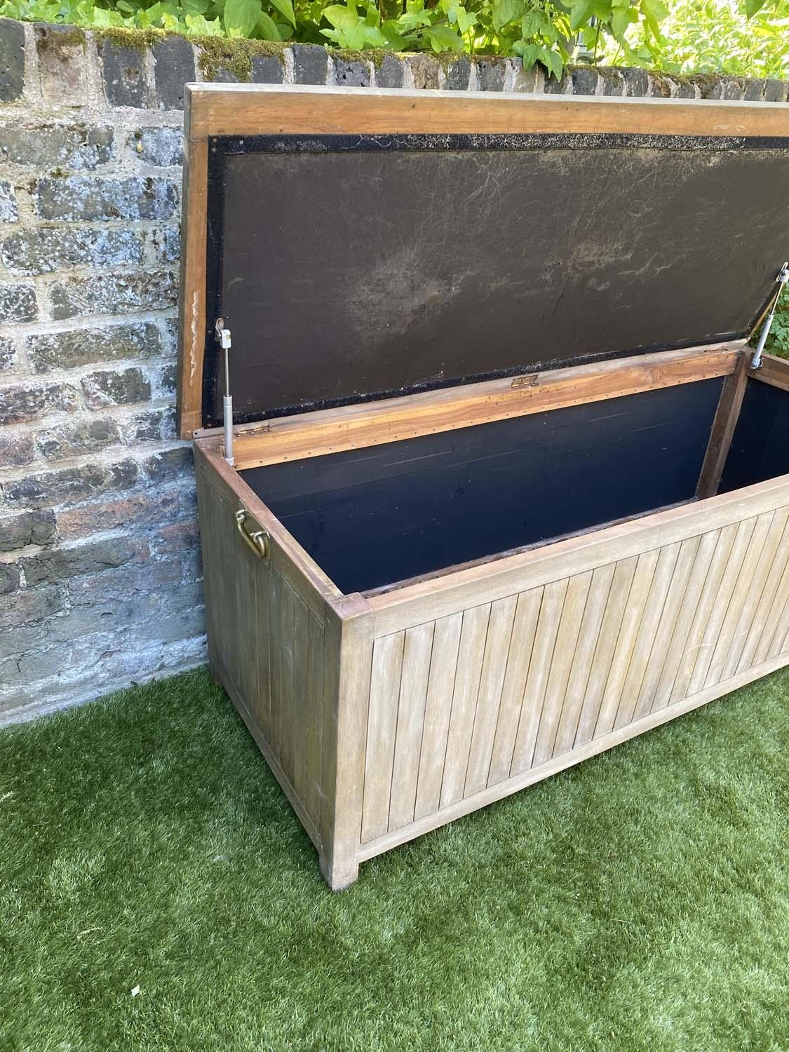 GARDEN STORAGE BOX, rectangular planked teak waterproof with hydraulic hinged rising lid by ' - Image 3 of 4